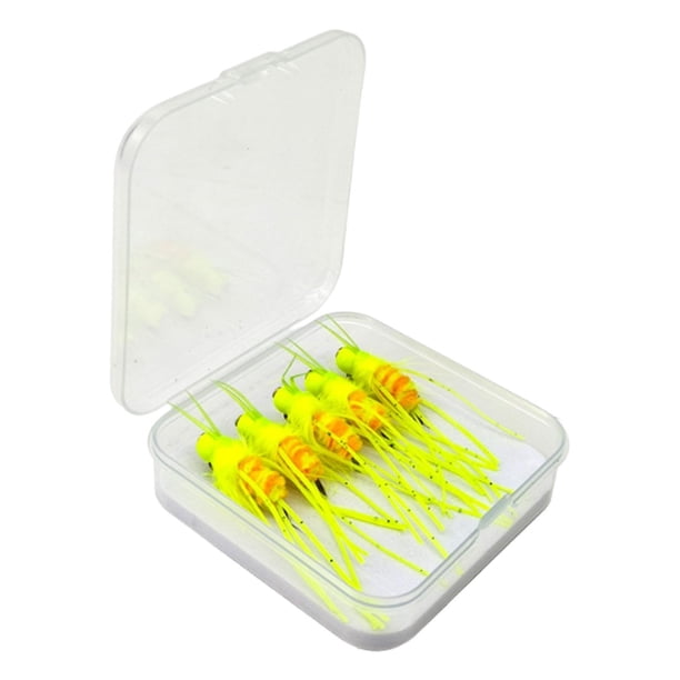 5 señuelos de pesca con mosca, cebos para moscas con caja, ligeros, impermeables, artificiales. amarillo fluorescente