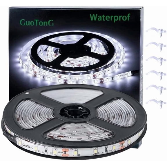 16.4ft/5m White LED Strip Lights, Waterproof & Cuttable 300 SMD 2835 Tape, 6000K 12V Flexible Ribbon for Kitchen, Cabinet, Indoor/Outdoor Lighting (No Power Supply)