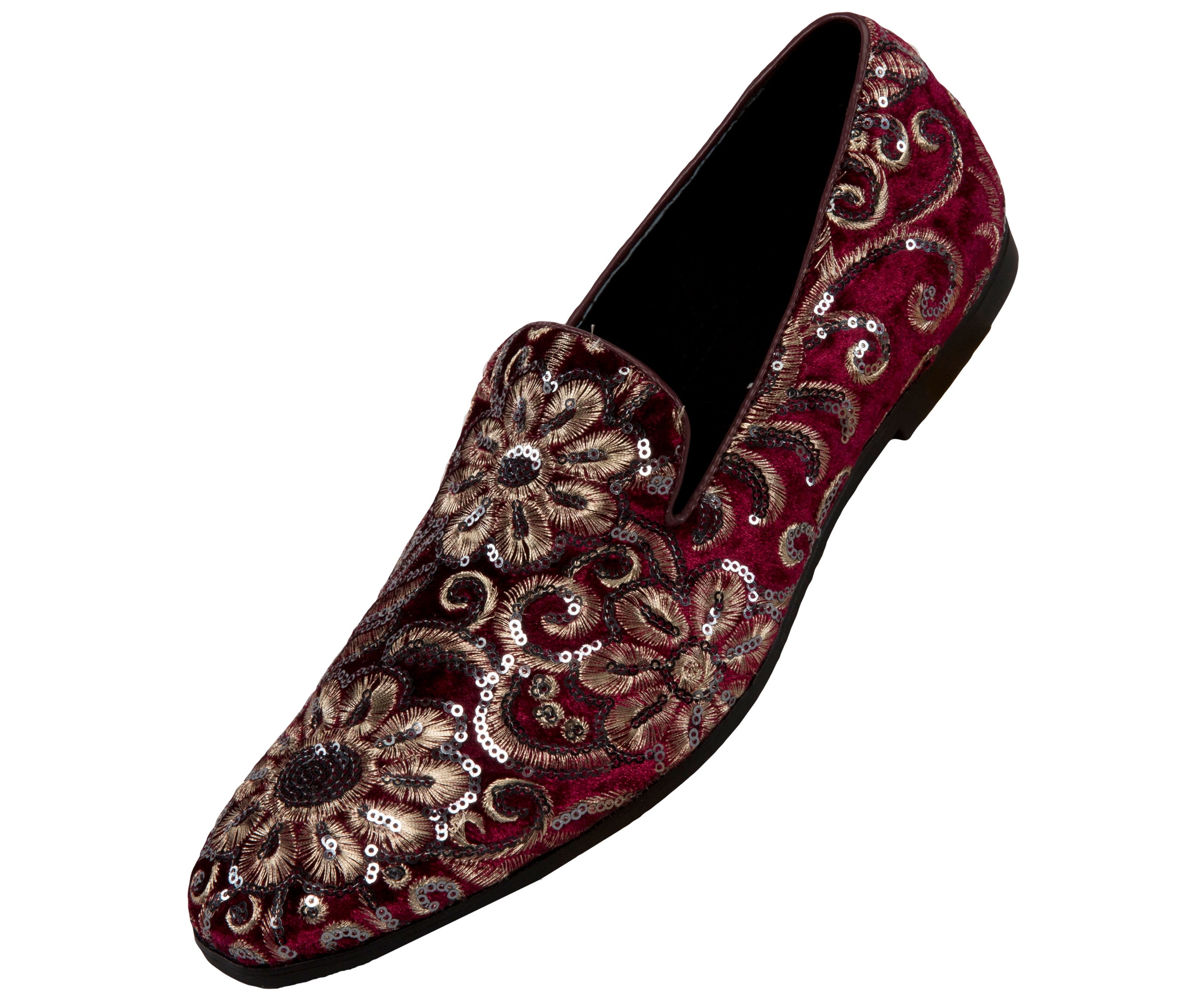 Amali Mens Velvet Fabian Slip on Smoking Driving Loafer w/ Sequin Embroidery, Men's, Size: 14, Red