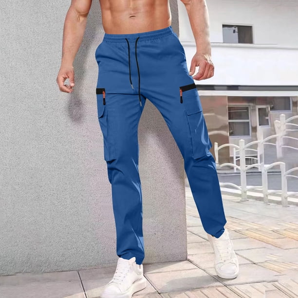 Ceisia Men Solid Color Fleece Multi Pocket Work Pants Loose Drawstring Gift Elastic Cuff Trousers