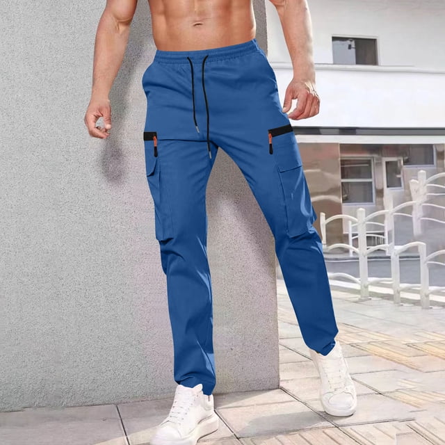 Ceisia Men Solid Color Fleece Multi Pocket Work Pants Loose Drawstring Gift Elastic Cuff Trousers