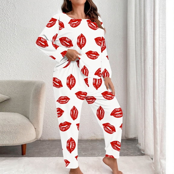 Gamivast Soft Womens Pajama Sets Plus Size Long Sleeve Love Graphic Crew Neck 2 Piece Pj Set Cozy Long Pants Lounge Wear Casual Sleepwear Spring Outfits
