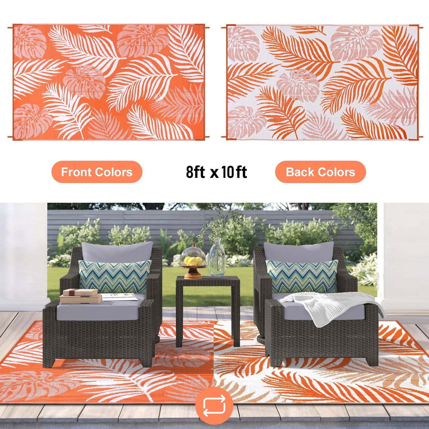 8'x10' Outdoor Rugs for Patios, Yamaziot Patio Rug RV Mats, Waterproof Reversible Plastic Straw Camping Rug for Deck Porch Balcony Beach Tropical, Orange