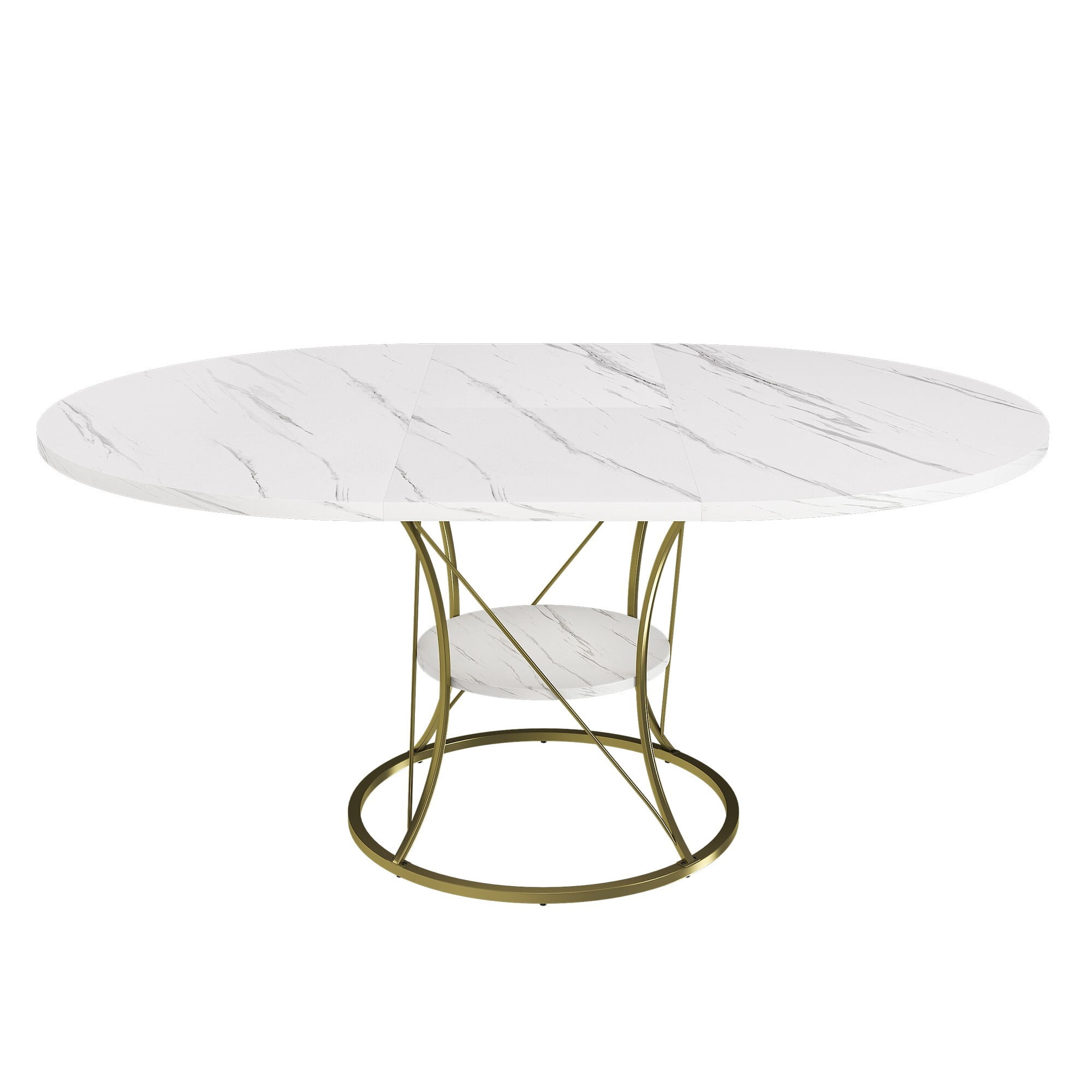 AENKYO 43"-59" Expandable Round Dining Table with Storage, White Marble Top & Gold Hourglass Metal Base, Seats 4-6