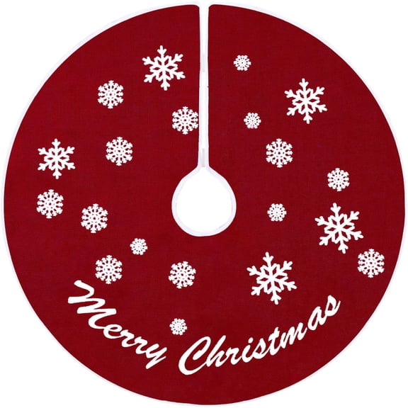 Burlap Christmas Tree Skirt, 30 Inch Red Tree Skirt with White Snowflakes and Merry Christmas Words, for Xmas Holiday Home Decoration