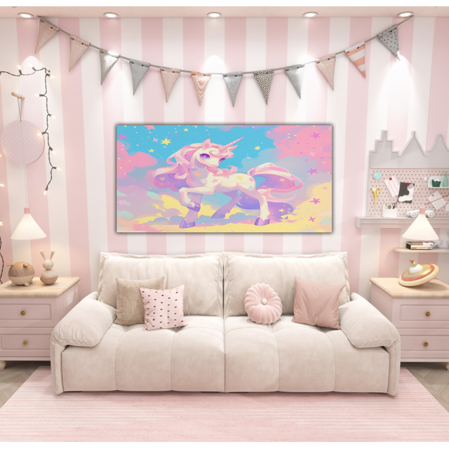 Erosebridal Cute Unicorn Print Canvas Wall Art Living Room, Sparkle Stars Wall Hanging Decor Bedroom 48x24, Rainbow Clouds Wall Decor for Bathroom 48x24, Luxury Bedroom Decor