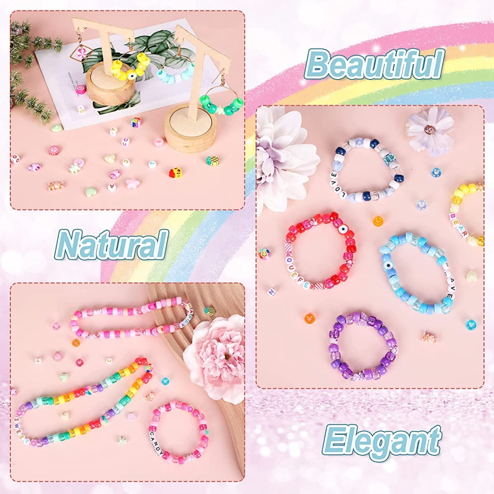 4300pcs, 60 Colors Pony Beads, Christmas Gifts, Crafts Beads for Jewelry Making with Letter Beads, Charm Beads, Smiley Face Fruit Beads and Elastic Strings for Bracelet Necklace Making