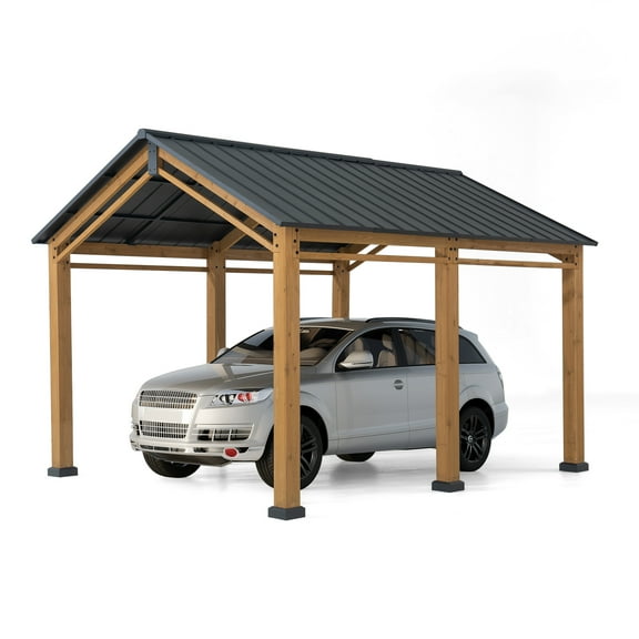 AutoCove 11x13 Wood Carport, Black Gable Roof Wood Gazebo, Outdoor Living Pavilion with Ceiling Hook