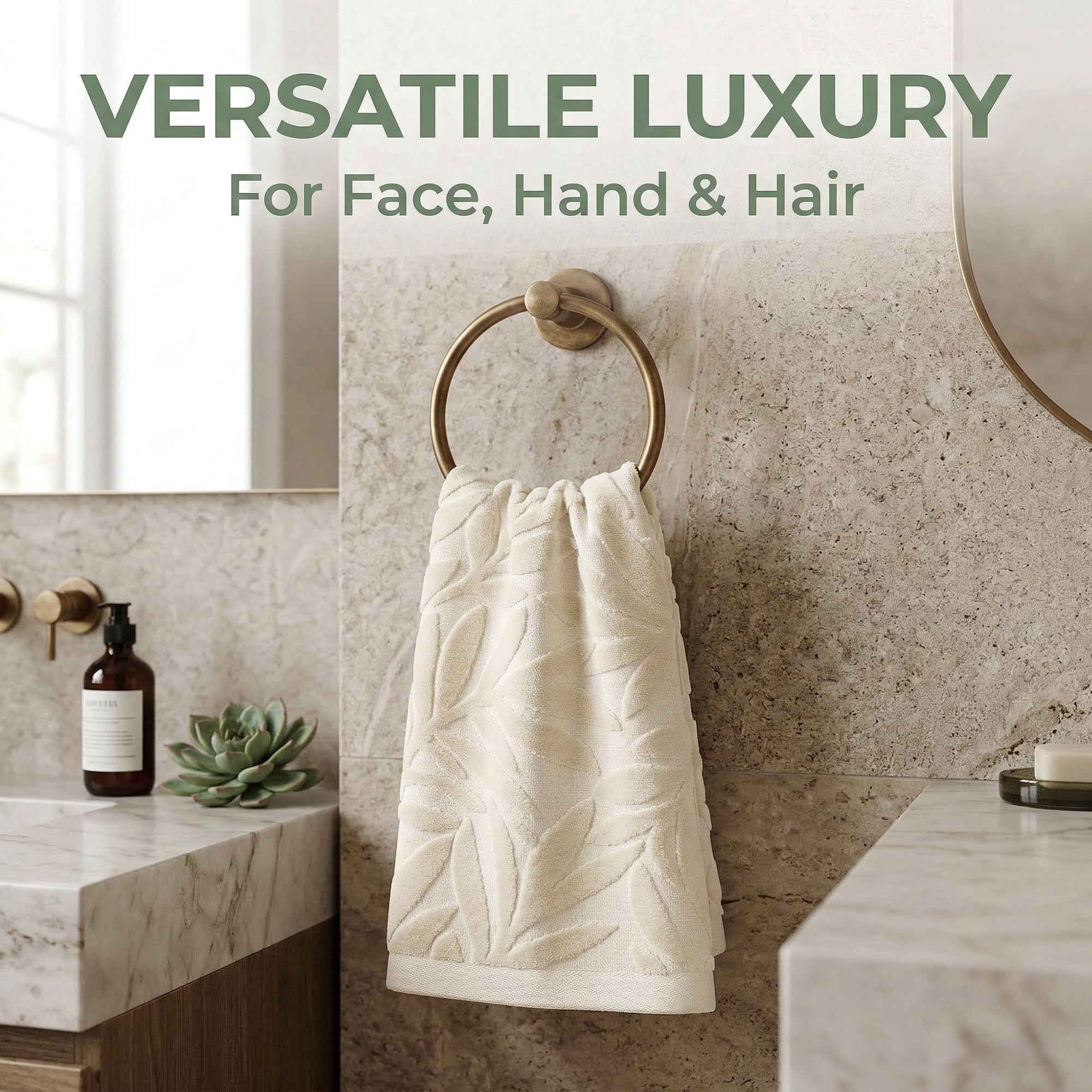 Unique Bargains Embossed Leaf Pure Cotton Ultra Soft Hand Towels 28 x 16 Inch Beige 1pk
