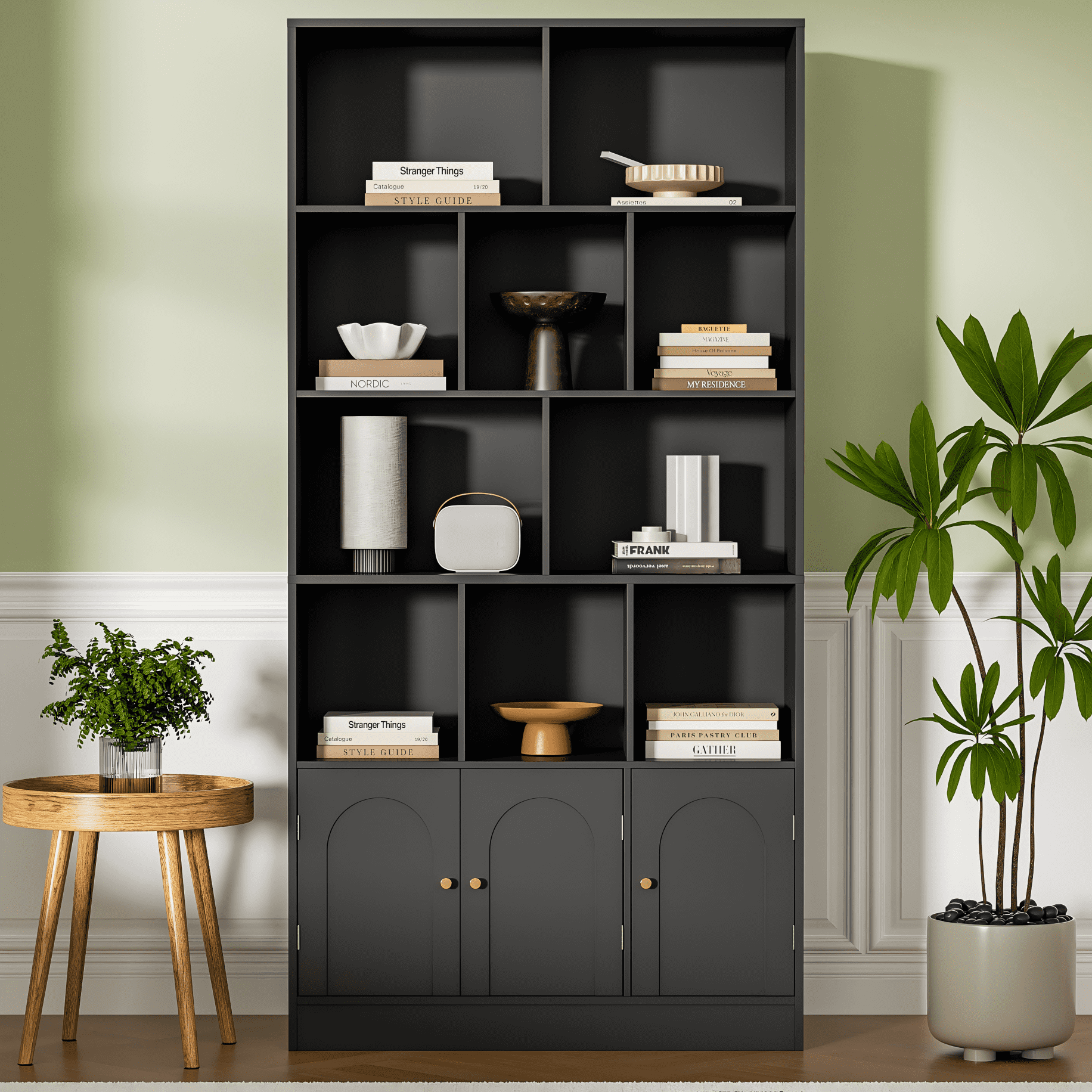 4-Tier Tall Bookshelf with 3 Doors, 71" Open Shelf Bookcase with 10 Cubes, Modern Cube Storage Organizer for Living Room, and Office, Black