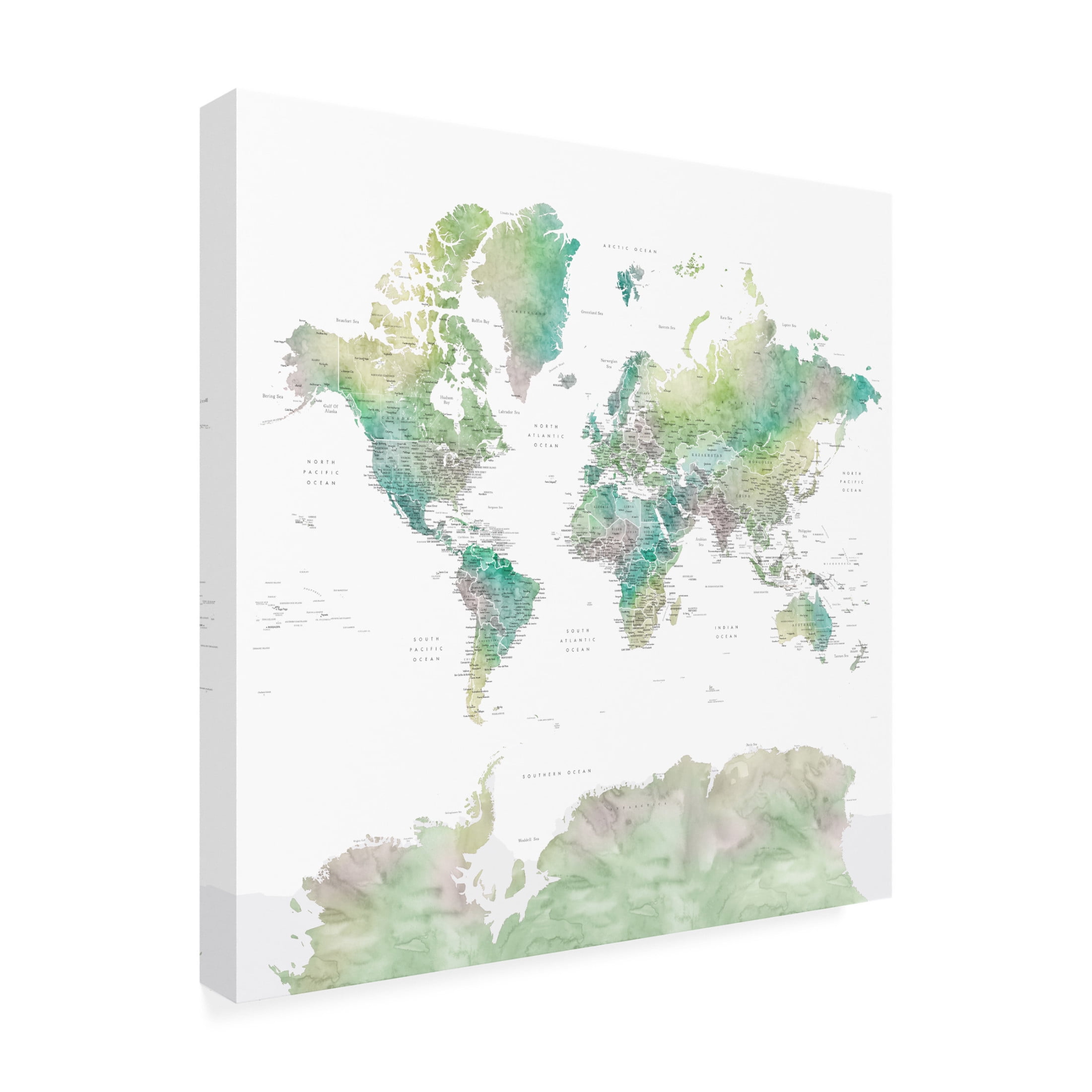 Canvas Wall Art - blursbyai 'Oriole Detailed Watercolor World Map' Wall Art for Living Room, Bedroom, or Office Décor by Trademark Fine Art - 35 x 35 Inches