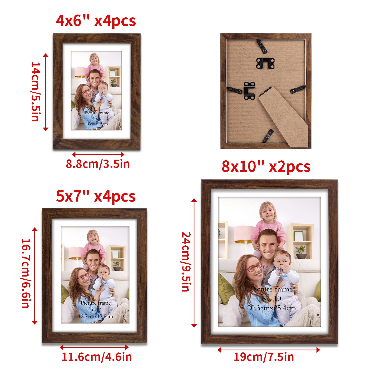 10 Pack Brown Gallery Wall Picture Frame with Mat Set of 10, Assorted Multiple Sizes Photo Frames for Wall or Tabletop