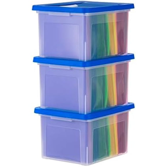 File Box, Plastic File Organizer Box With Lids, Letter/Legal File, Important Document Box, Portable Storage Filing Bin, Stackable Nestable, Clear/Blue 35 Qt. 3 Pack