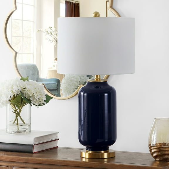 SAFAVIEH Amaia 26 in. Mid-Century Glass Table Lamp, Navy