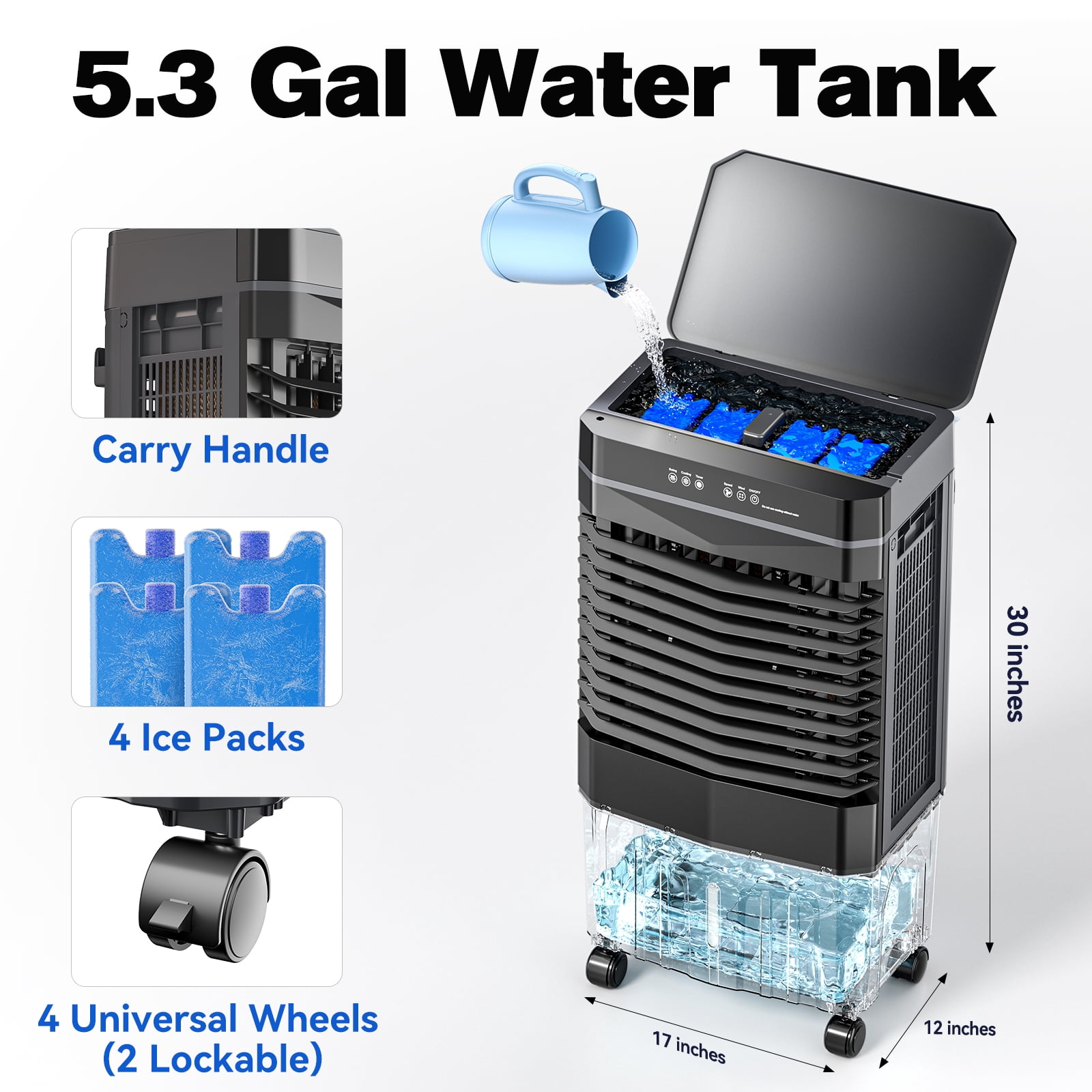 Auertech 5.3 Gal Swamp Cooler with Remote, 1800 CFM 12H Timer Portable Evaporative Air Cooler with Wheels, 4 Ice Packs, 3 Speeds, 120°Oscillation