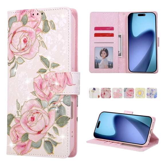 Becova Flip Wallet Case for Apple iPhone 18 Pro, Stylish Floral Embossed Protective Cards Slots Stand Anti-Scratch Hand Strap Protective Phone Cover for Women Girls