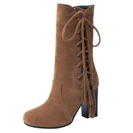 

PMUYBHF Ladies Fashion Suede Tassel Strap Side Zipper High Heel Medium Boots 46.98