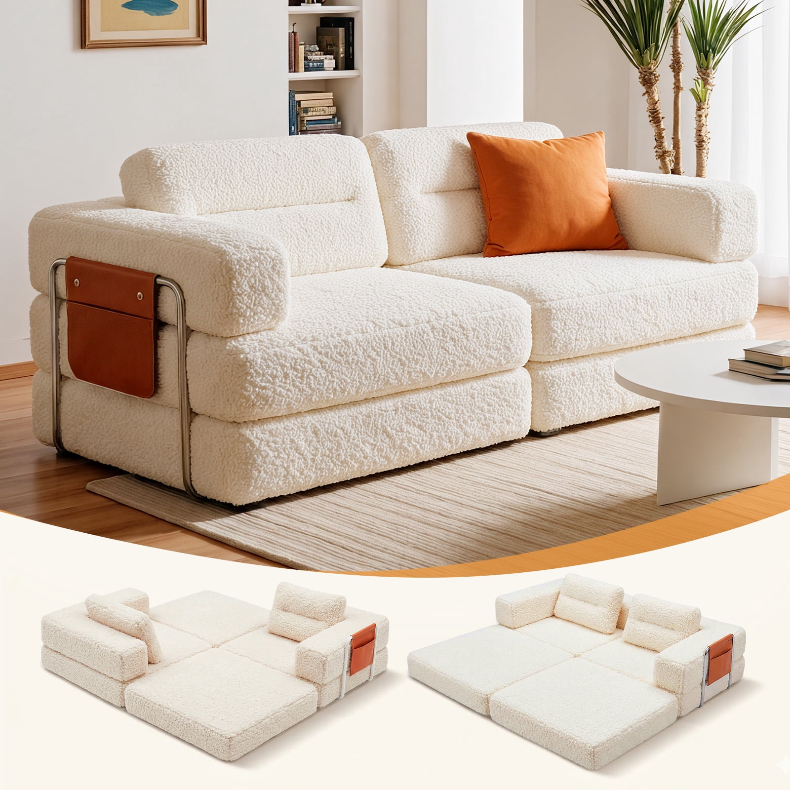 Pinmoco 81.5" Convertible Sofa Bed, Modular Sectional Sleeper Sofa for Living Room, Foldable Couch Bed with Pillows and Storage, No Assembly Required, Teddy Fleece Beige