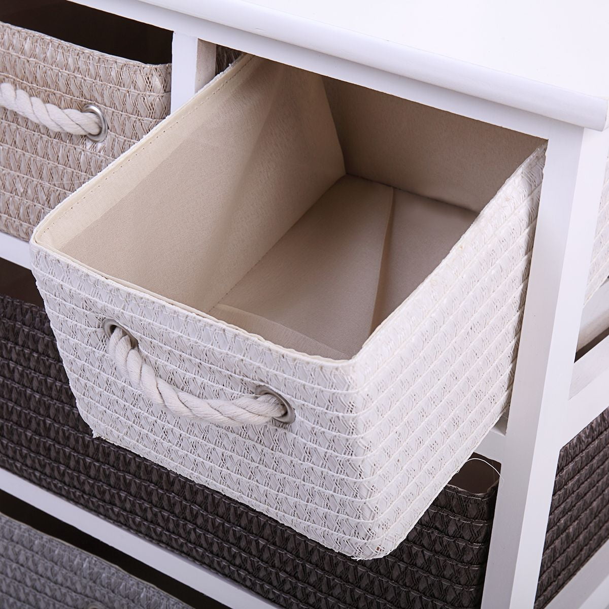 Lowestbest Wood Nightstand, Storage Table with 4 Woven Basket, Storage Unit Rack Shelf, White Lowestbest Wood Nightstand, Storage Table with 4 Woven Basket, Storage Unit Rack Shelf, White