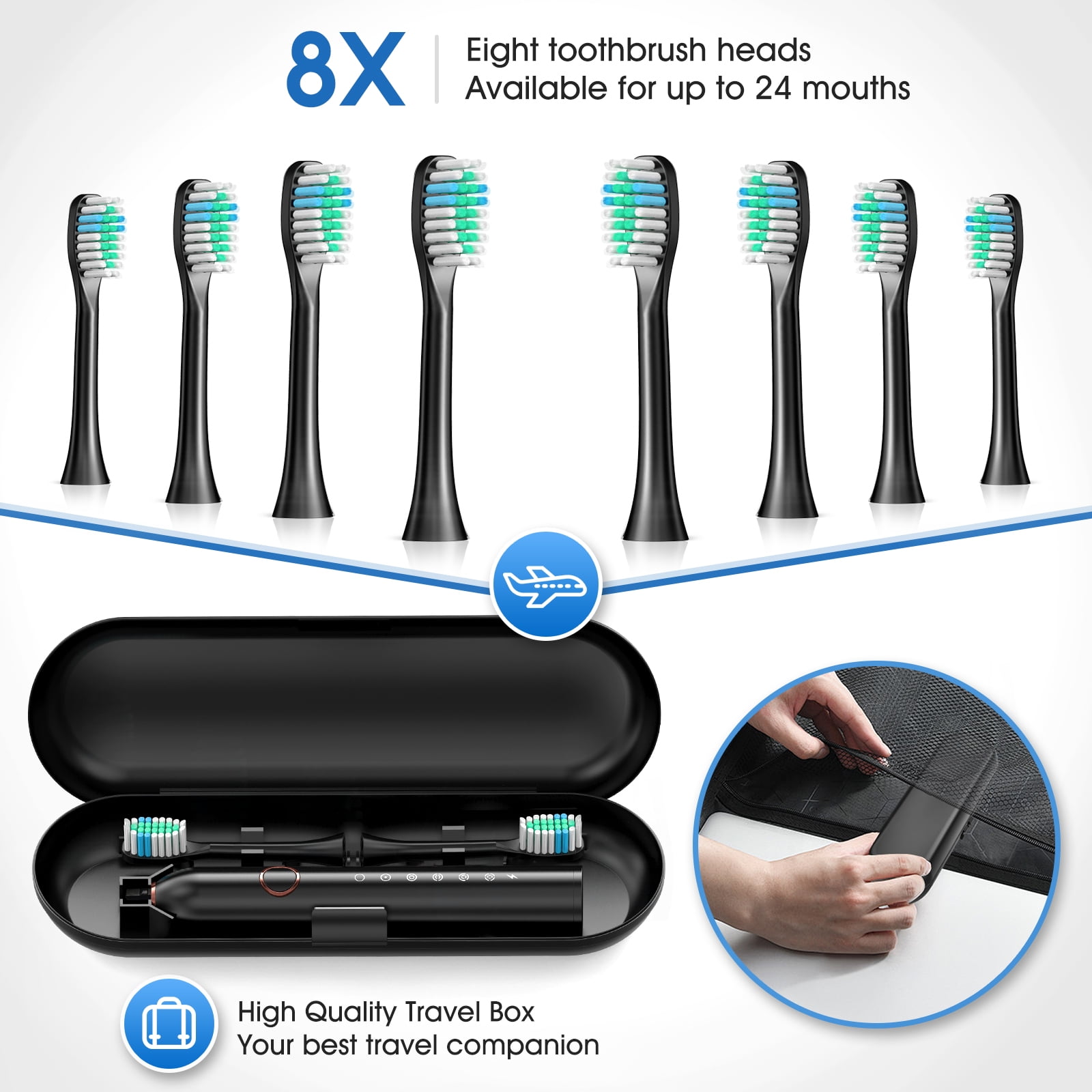 delpattern Sonic Electric Toothbrush, Adult Toothbrush Electric with 8 Brush Heads, 6 Modes, Wireless Fast Charge, 40000 VPM Deep Clean, Travel Case, Smart Timer, Black