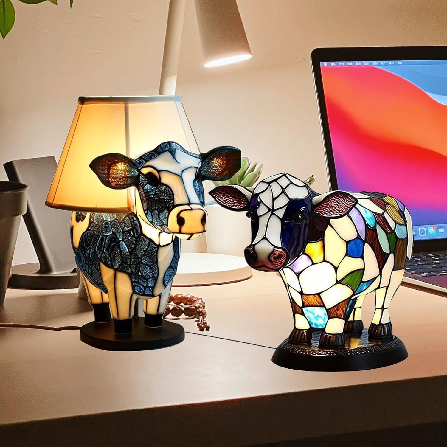 Aorsher Cow Lamp with USB Ports, 3D Cute Animal Night Light with Touch Control & Warm Glow, Resin Table Desk Lamp for Bedroom, Farmhouse Themed Decor Gift