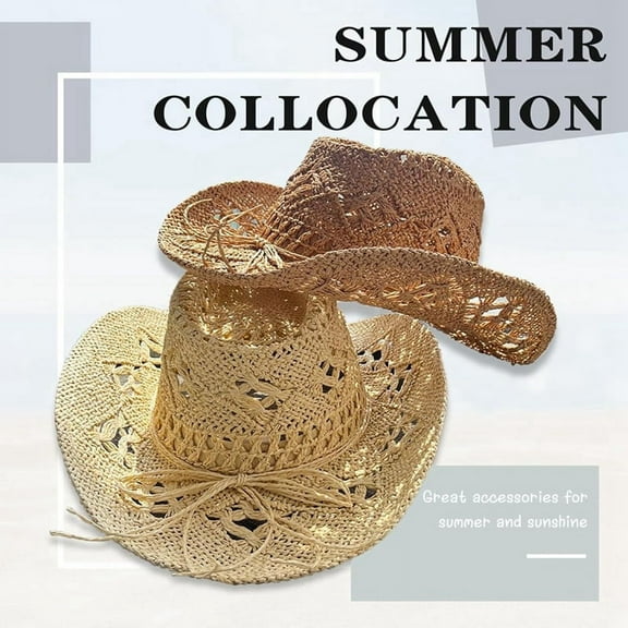 Straw Cowboy Hats for Women Western Cowgirl Hat for Holiday Foldable Vacation Beach Sun Hat with Wide Brim C