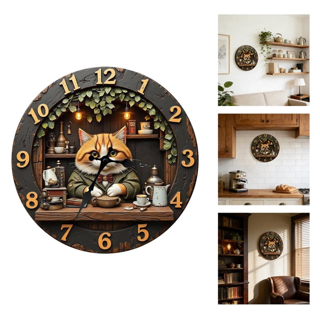 Bookshelf Cat Wall Clock Silent Non Ticking Decorative Timepiece For Home Library