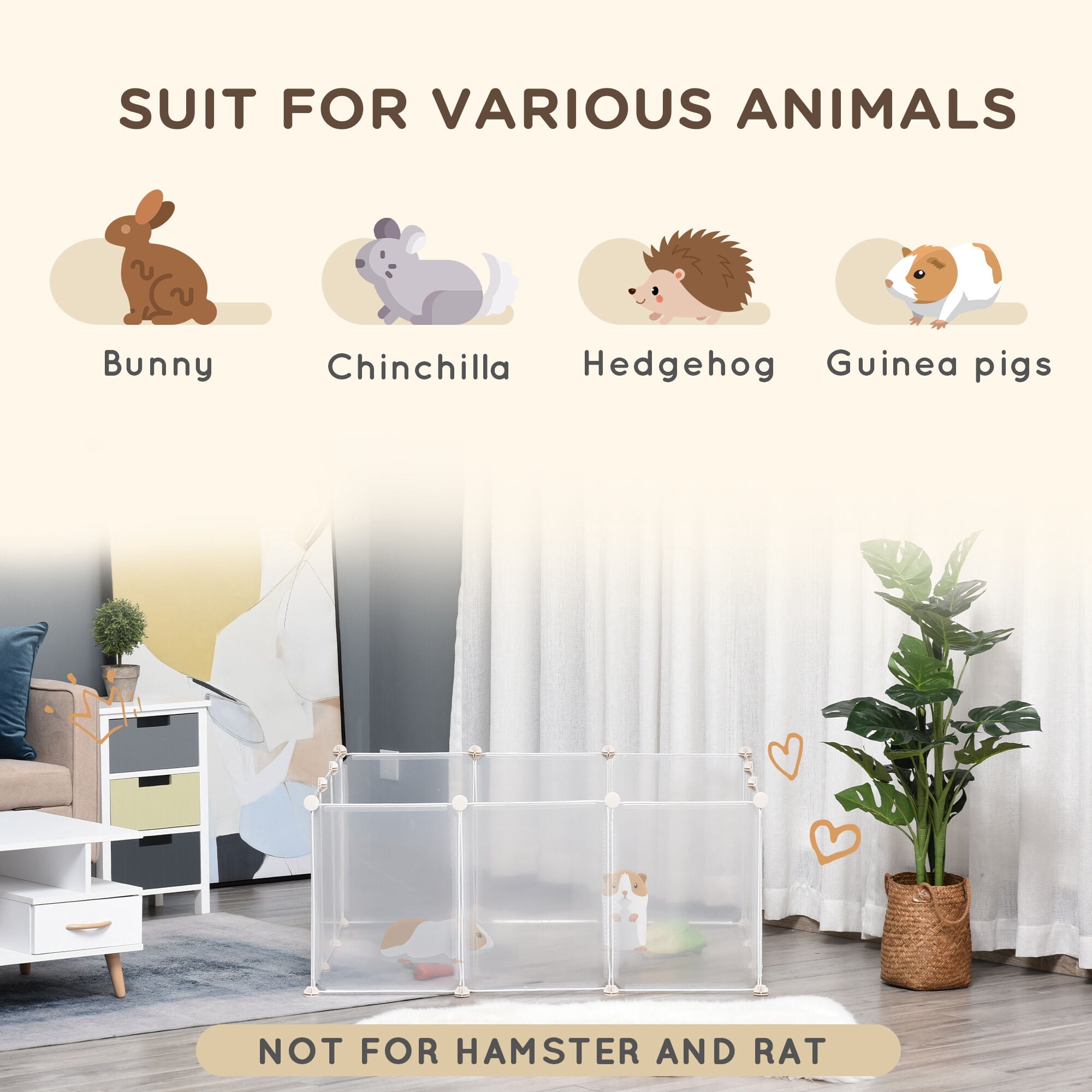 Pet Pens & Hutches PawHut Pet Playpen DIY Small Animal Cage Open Enclosure Portable Plastic Fence 12 Panels for Bunny Chinchilla Guinea Pig White, 18" x 14",Dog Pens