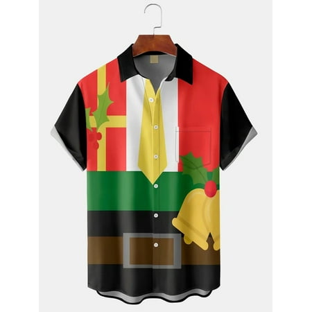

MLFU Christmas Print Chest Pocket Short Sleeve Shirt Resort Style Fesival Series Lapel Top