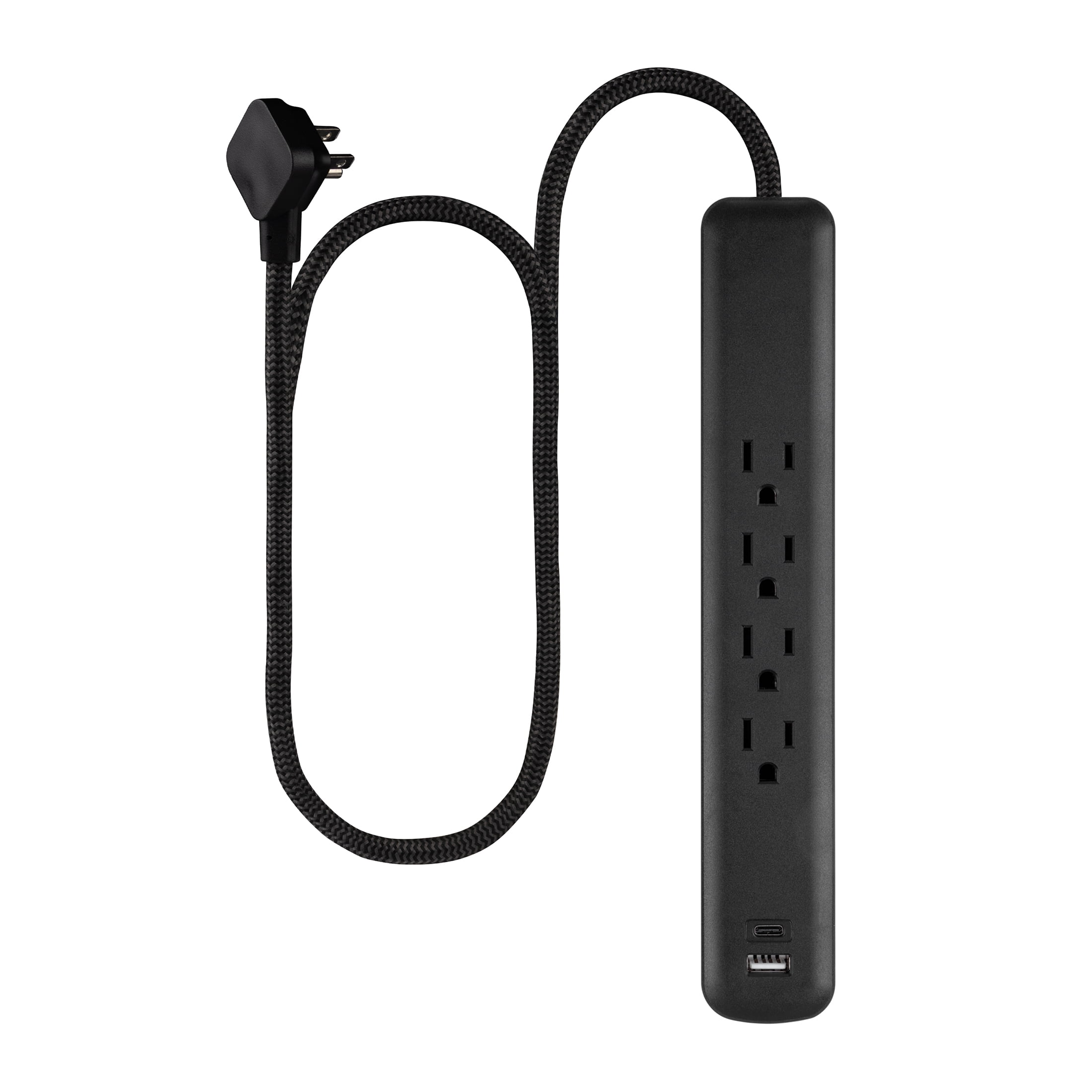 GE Surge Protector Power Strip with USB Ports, 3 FT Braided Extension Cord, 490 Joules, 4 Outlet Extender, 1 USB C, 1 USB A, Flat Plug, Black, 84467