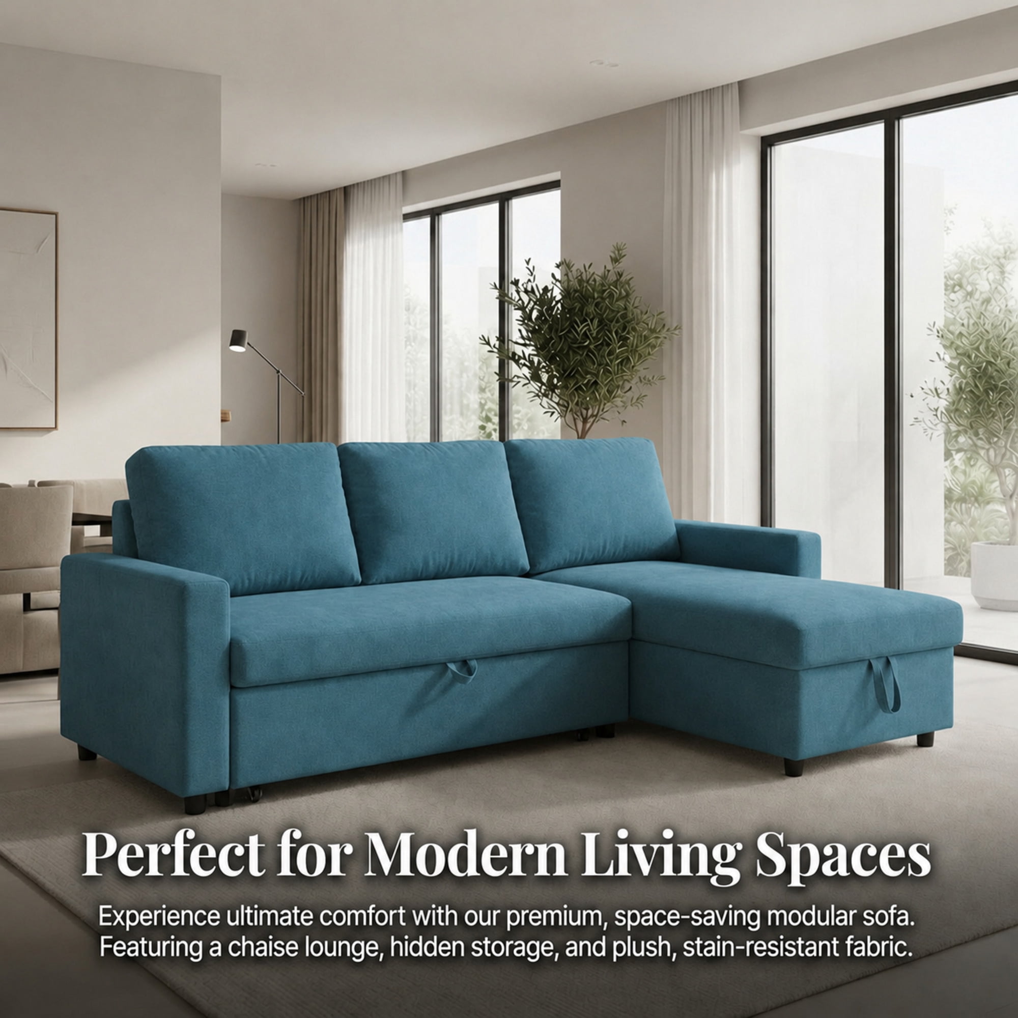 TiramisuBest L-Shaped Convertible Sofa Bed with Reversible & Storage Chaise,84"W Fluffy Flannel Sectional Sleeper for Living Room,Blue
