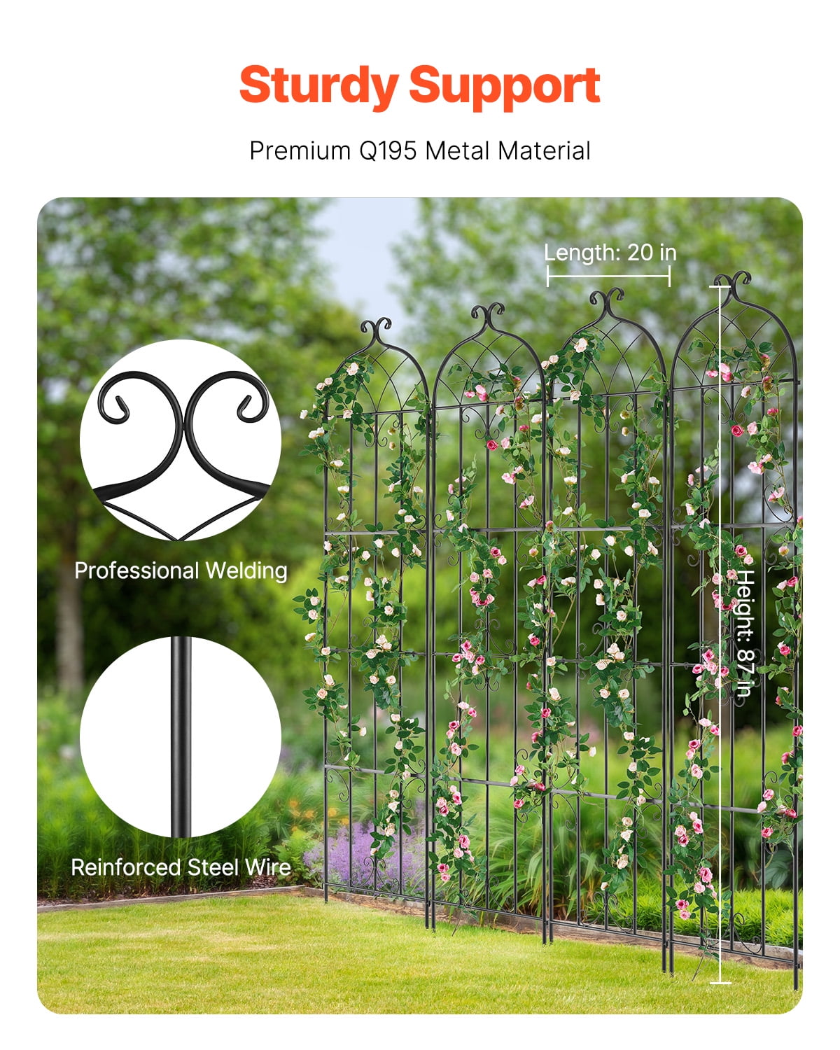 KFFKFF Garden Trellis for Climbing Plants, 87 x 20 in, Set of 4 Rust-Resistant Metal Trellises, Outdoor Plant Support for Roses, Cucumbers, and Clematis, Decorative Design for Gardens and Lawns