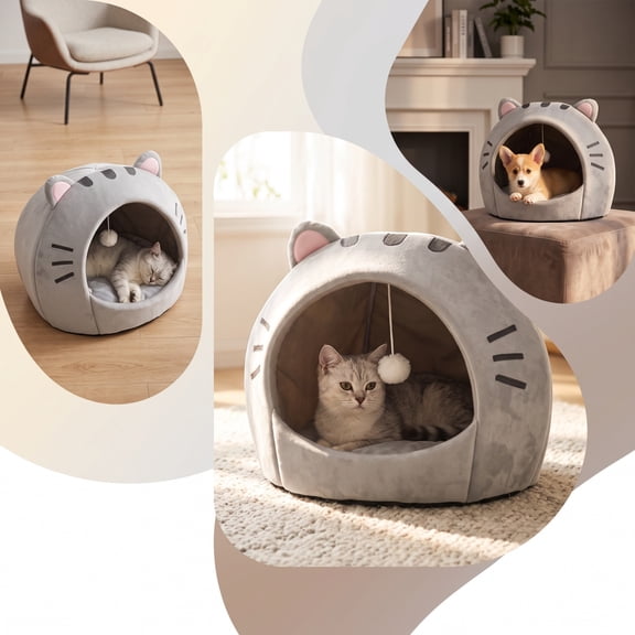 Convertible Cat Bed 2 in 1 Semi Enclosed Pet Bed All Seasons Warm Cozy Cat Ear Design for Indoor Cats Small Dogs Sleeping Hideout(M)