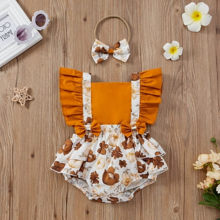 

XMMSWDLA Toddler Girl Clothes Baby Girls Fashion Cute Flowers Print Ruffles Short Sleeve Romper Bow Bodysuit Jumpsuit Suit Sales Clearance