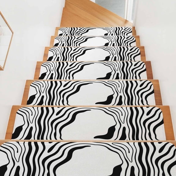 Abstract Fluid Pattern Stair Treads Non Slip for Steps Modern Minimalist Black White Ripple Frame 7 Pcs Reusable Adhesive Stair Runner Mats for Dogs Elders Carpet Treads Rugs for Staircase 8x30 In