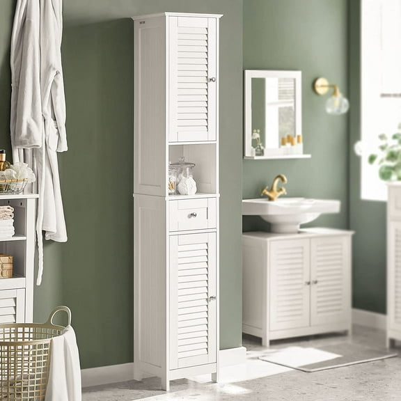 Haotian Narrow Bathroom Storage Cabinet, 67" Tall Skinny Bathroom Shelf with Drawers, Freestanding Corner Cabinet with Adjustable Shelves for Laundry Room, White, FRG236-W