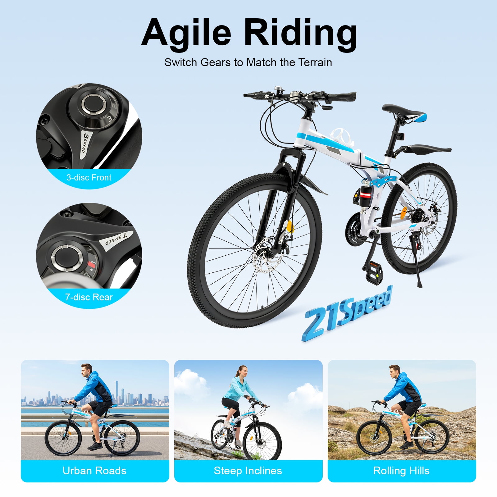 Miumaeov 26" Mountain Bike Folding 21 Speed Full Suspension High Carbon Steel Bike Bicycle Adjustable Saddle Height, Dual Disc Brakes Non-Slip Folding Bike, Adult/Men/Ladies Mountain Bike