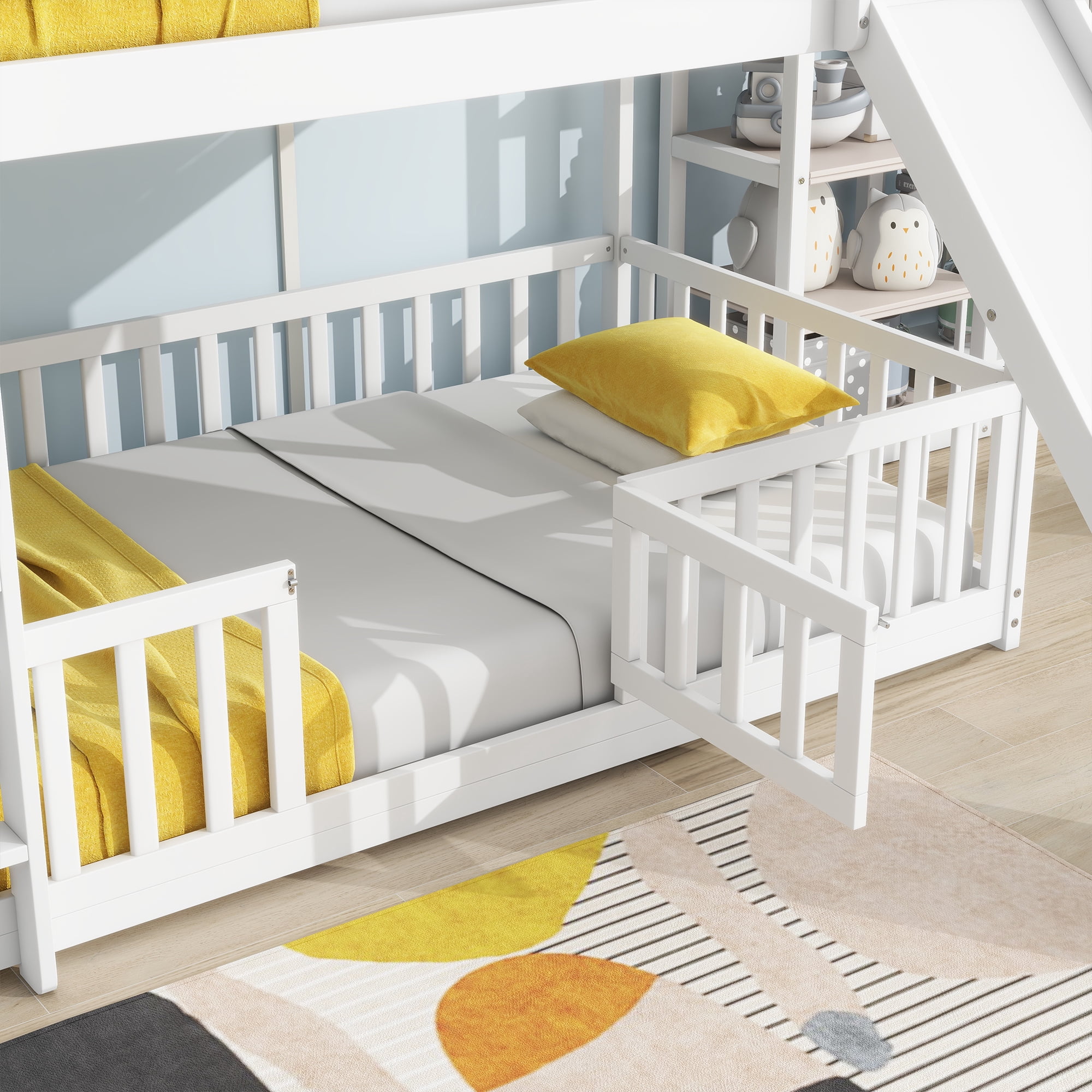 Euroco Twin over Twin Bunk Bed with Slide, Convertible Lower Bed with Guardrails for Kids Teens, White