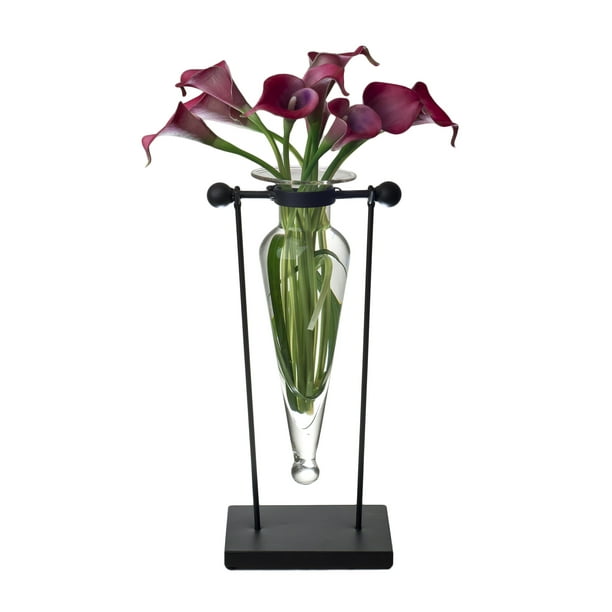 Danya B. Clear Amphora Vase on Swiveling Iron Stand with Finials and