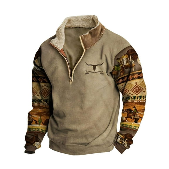 Men's Retro Western Sweatshirt - Zip-up Lapel with Personalized Print,L,Khaki