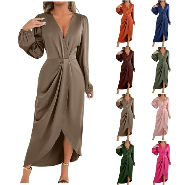 Zedker Robe Midi en Satin à Manches Longues Col en V Fendue Ourlet Plissé Robe de Soirée Formelle pour Femmes