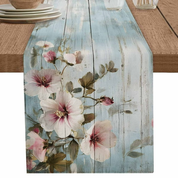 Watercolor Pink Flower Leaves Table Runner-70 Inch Long Vintage Wood Grain Table Runners Linen Burlap Tablerunner for Kitchen Dining Room Holiday Party
