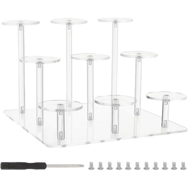 Exhibidor de acrílico transparente de 3 niveles (con destornillador) 9 compartimentos para coleccionables, perfumes, cosméticos, joyas, cupcakes y postres. Bandeja de almacenamiento para minifiguras.