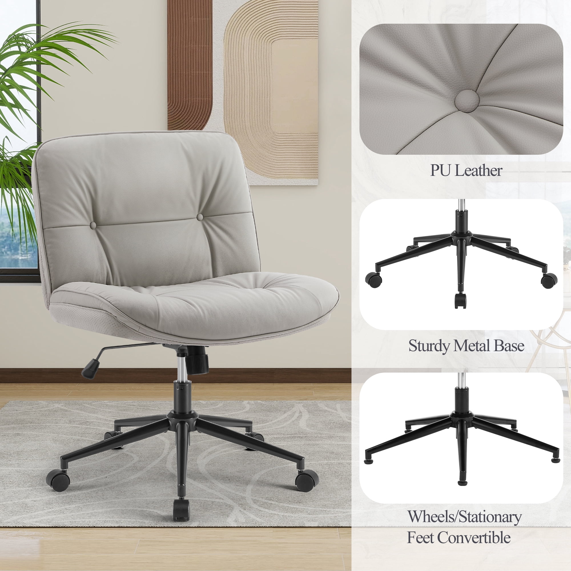 CONCETTA Armless Office Chair with Wheels - Swivel Rolling & 22° Rocking Recline, Wide PU Leather Seat, for Home Office Desk and Mobile Use, Gray