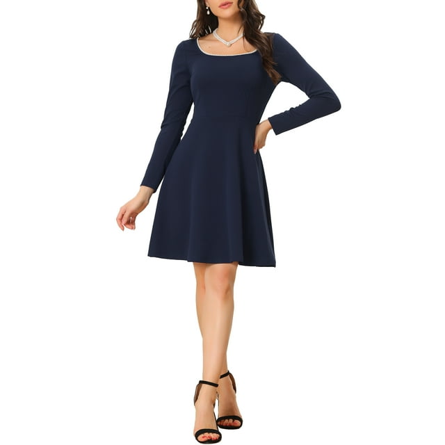 Vestido elegante de manga larga con cuentas y cintura alta para mujer, cuello redondo, ideal para trabajar, talla XL, azul oscuro