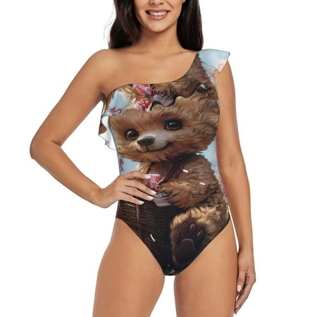 Zufioo Romantic Floral Bear Print One-shoulder Ruffled One-piece Swimsuit  High Elastic Integrated Removable Chest Pad Swimsuit Suitable for Beach  Pool and Vacation-XX-Large