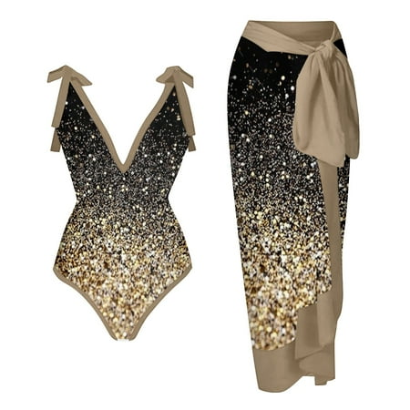 PFWOWB Gold 2 Piece Swimsuit Women 1 Piece Swimwear+1 Piece Cover UP Two Piece Vintage Print Swimsuit Monokini Bikini 2 Piece Swimsuits Two Piece Tankini Set