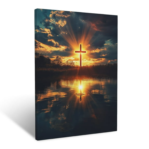 CozyNet The Cross Glowing In Golden Rays Above Tranquil Waters Serene Divine Hope & Heavenly Peace Wall Art Prints With Frame Canvas Perfect for Living Room & Bedroom, Wall Decor 12"x16"