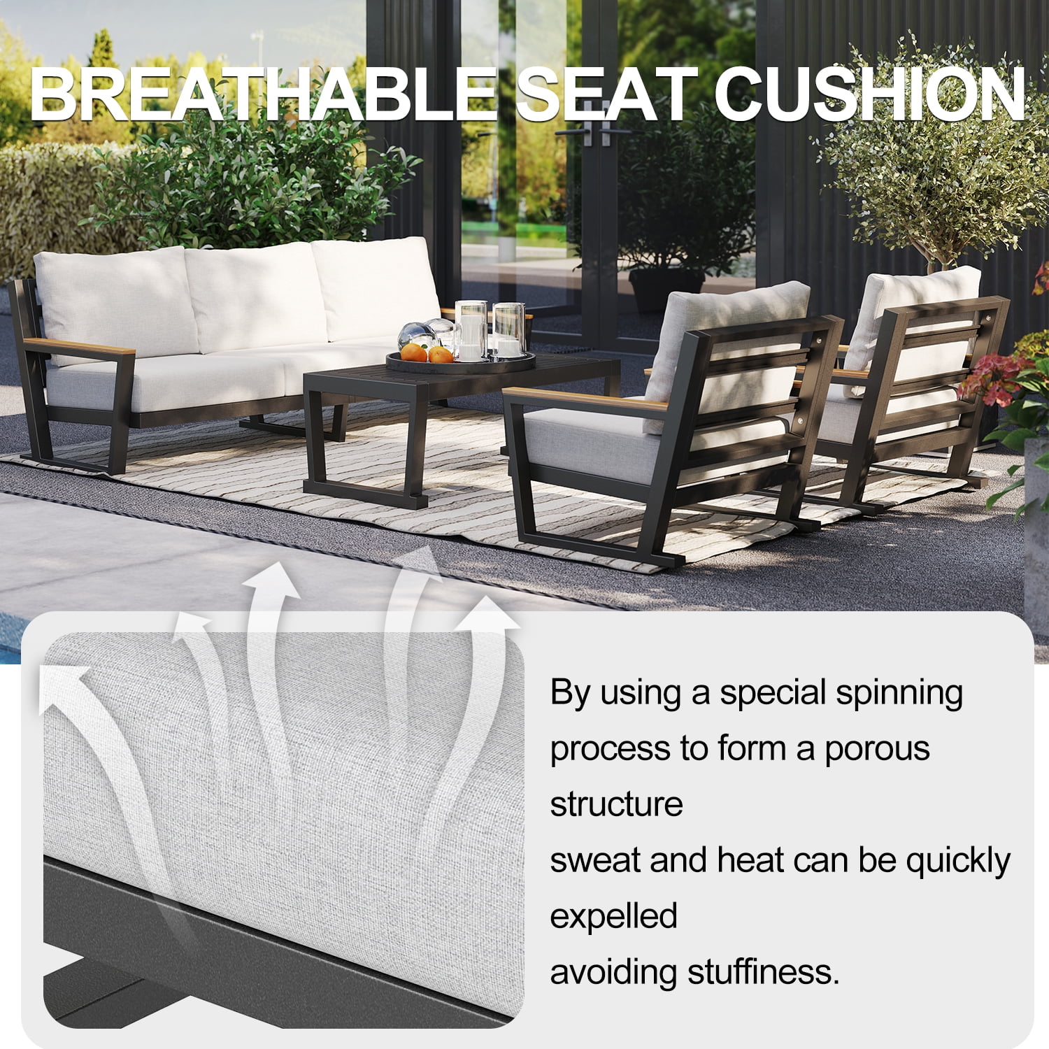 Aluminum Outdoor Sofa,5 Seats Modern Patio Furniture Set,Sectional Sofa Conversation Set with Coffee Table, Upgraded Washable Cushions for Garden Backyard,Grey