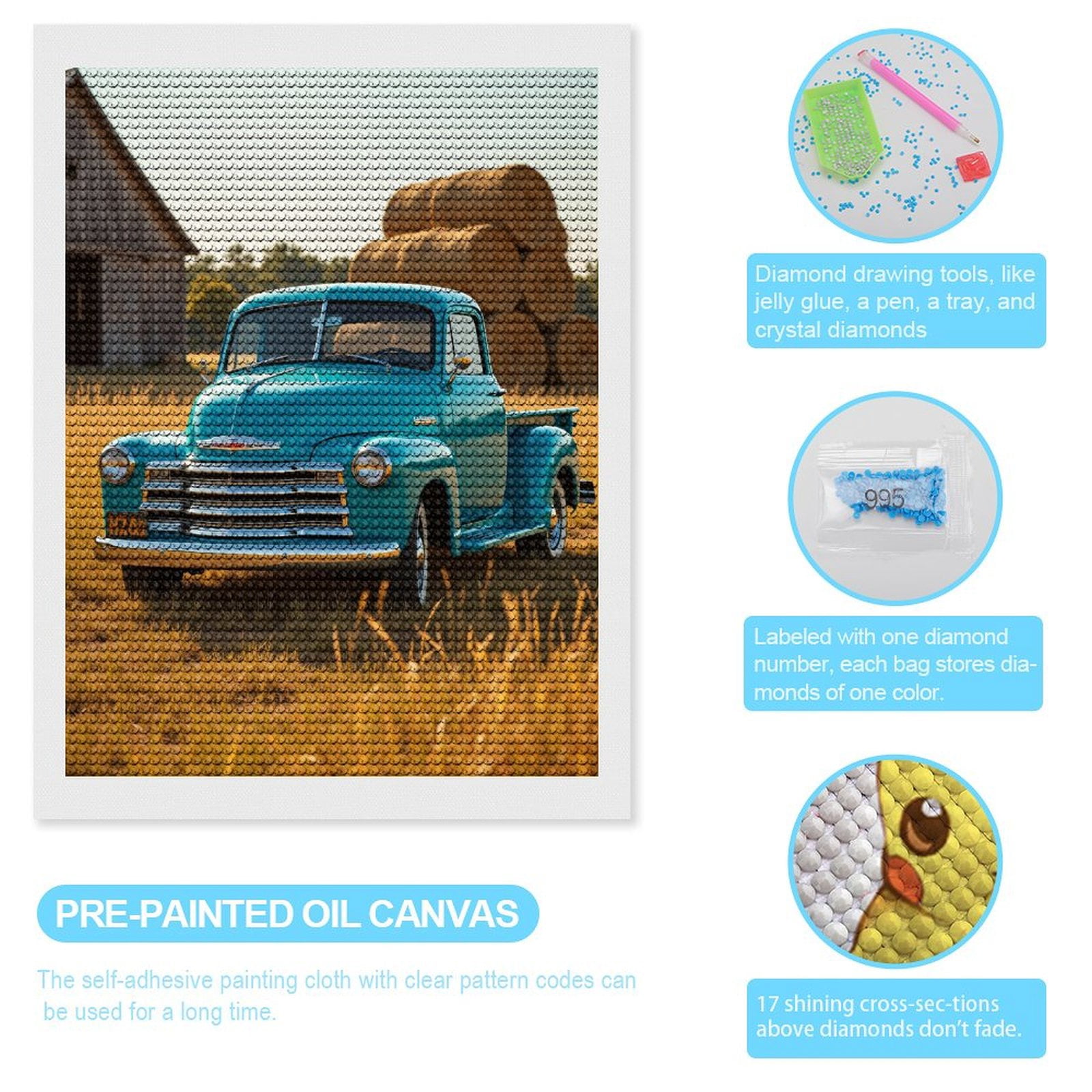Diamond Art Kits for Adults, Vintage Blue Truck Rustic Farm Scene 5D Diamond Painting Kits for Adults Beginners, DIY Full Drill Diamond Painting, Gem Art and Crafts 12x16